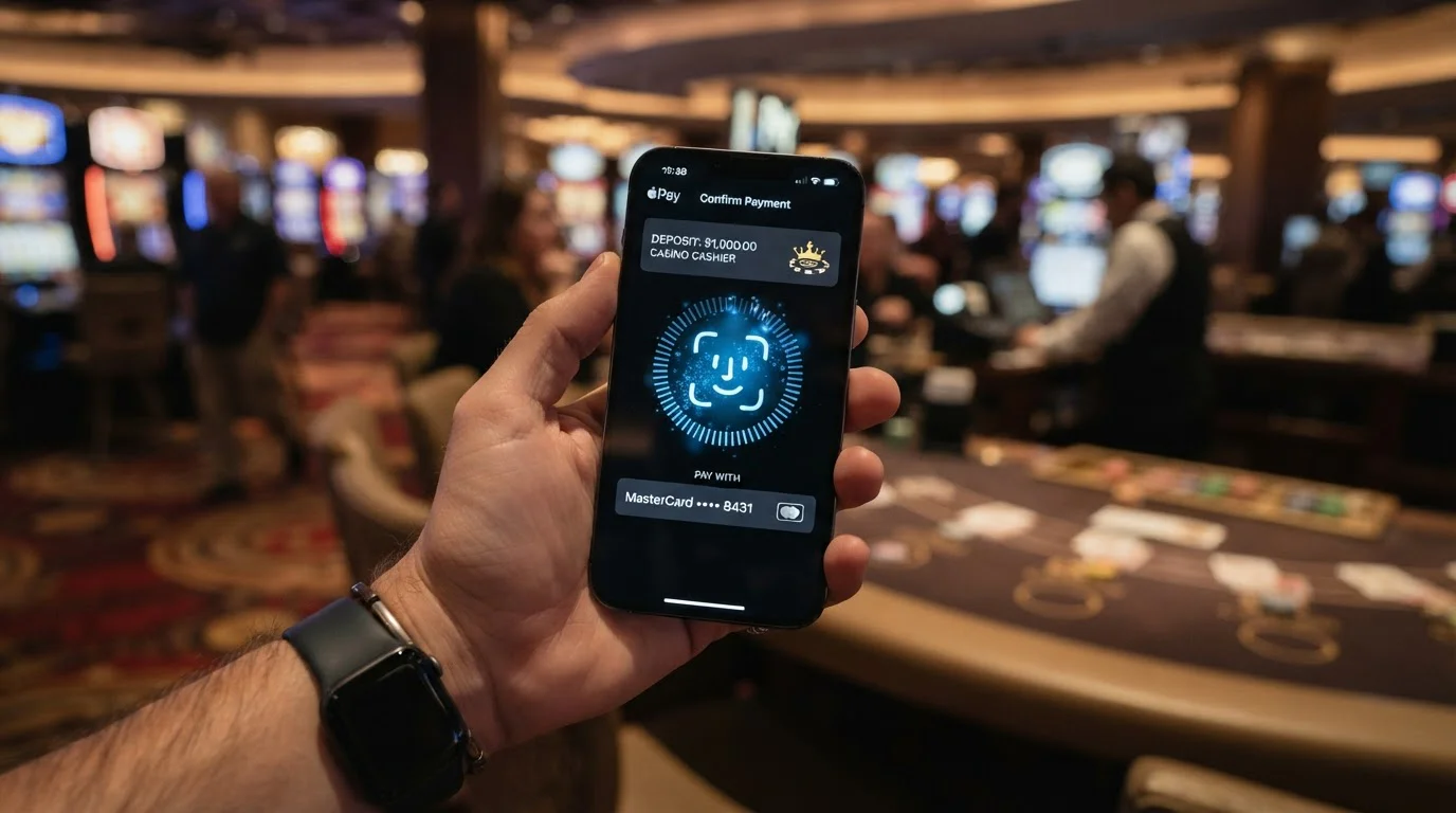 iPhone showing Apple Pay authentication with Face ID for casino deposit
