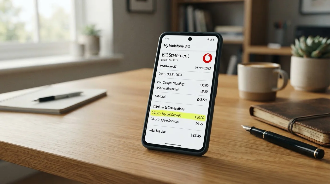 Smartphone displaying mobile phone bill with casino deposit charge highlighted
