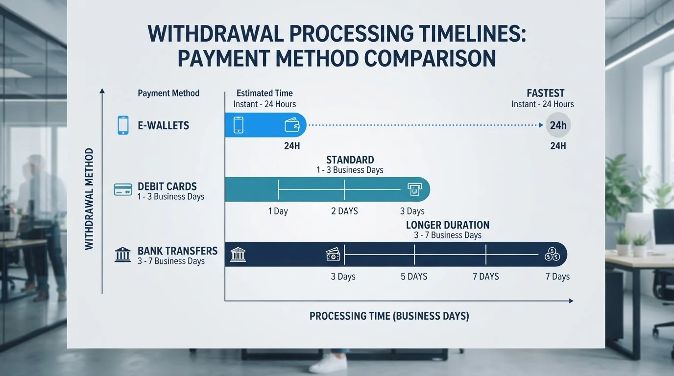 Clean comparison chart showing withdrawal processing times for different UK casino payment methods