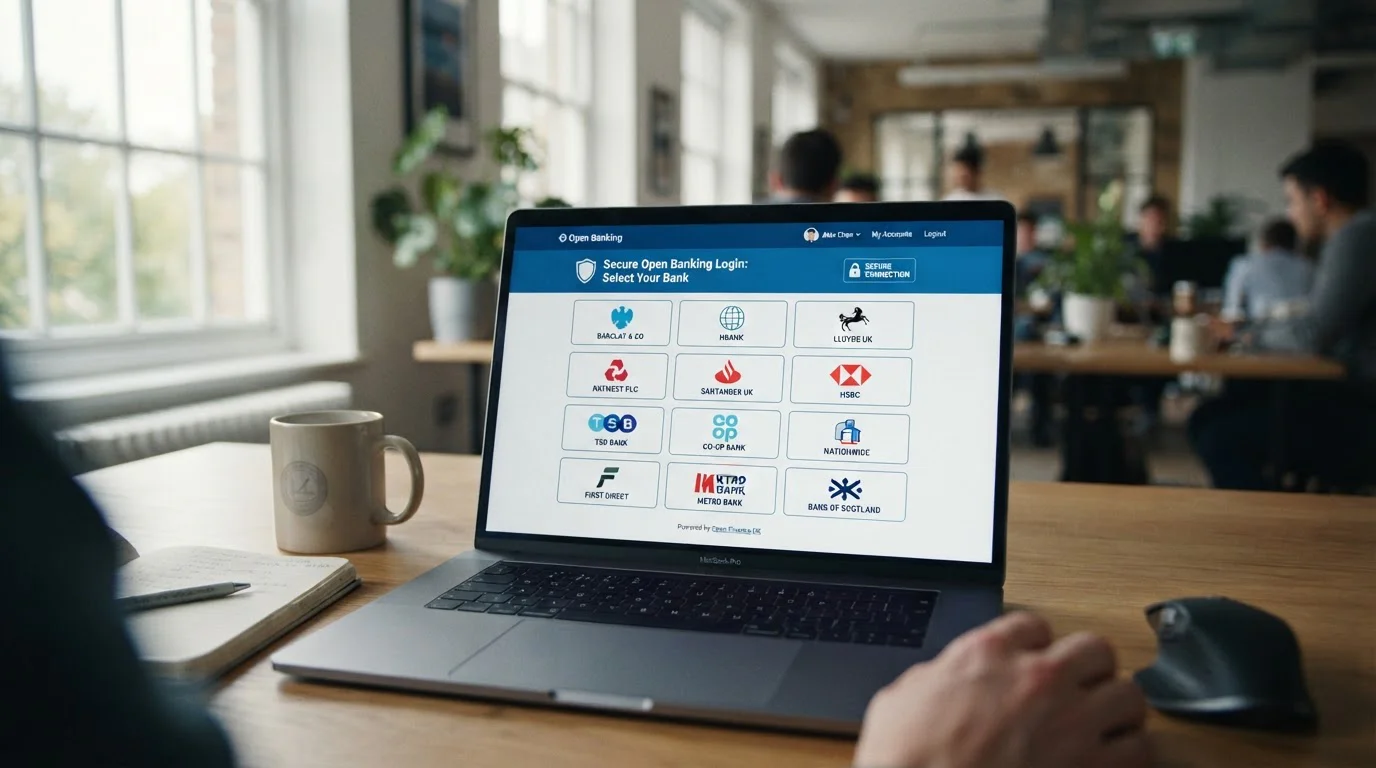 Laptop screen showing Open Banking login interface with UK bank logos
